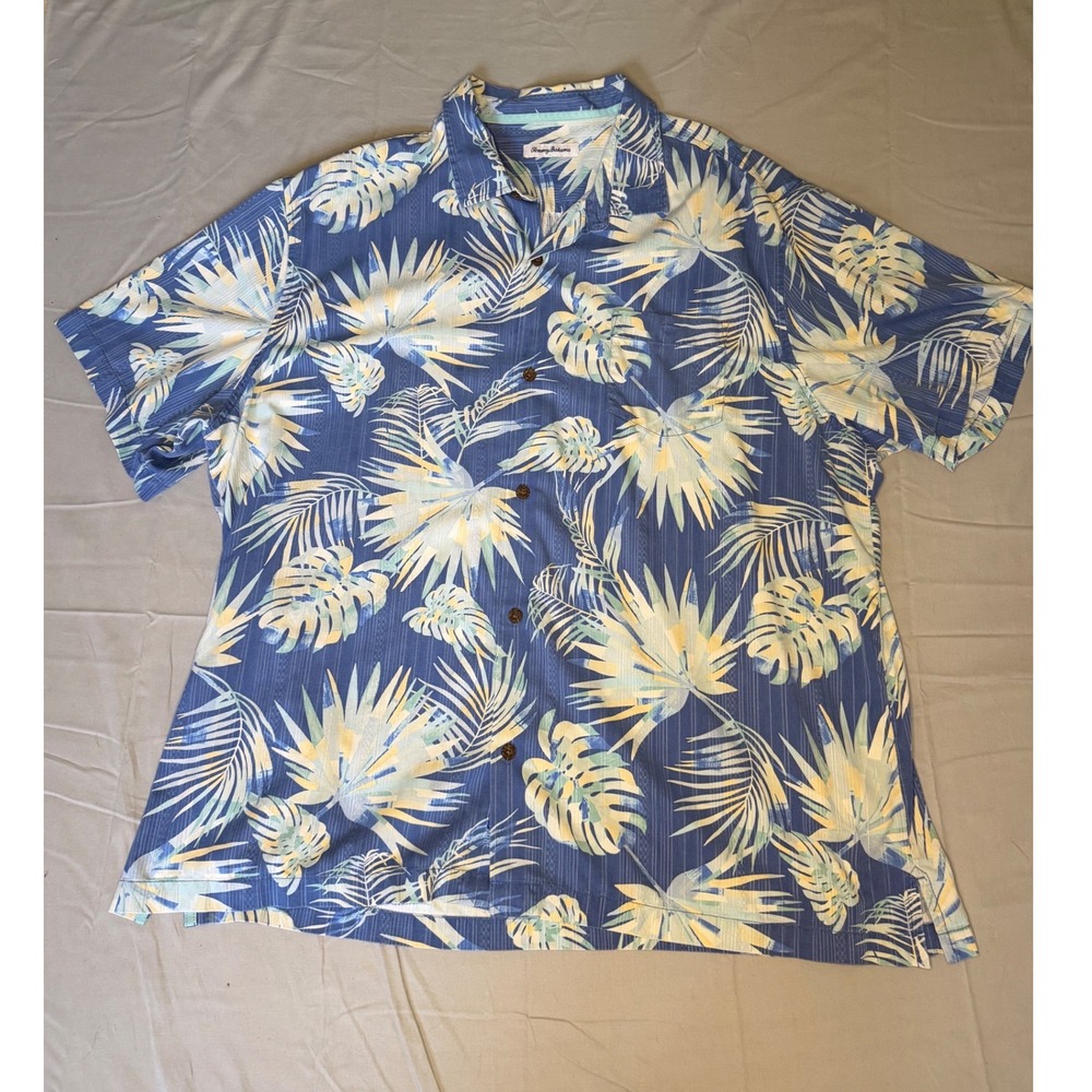 Tommy Bahama Shirt Mens XXXL Blue Silk Blend Tropical Palm Short Sleeve